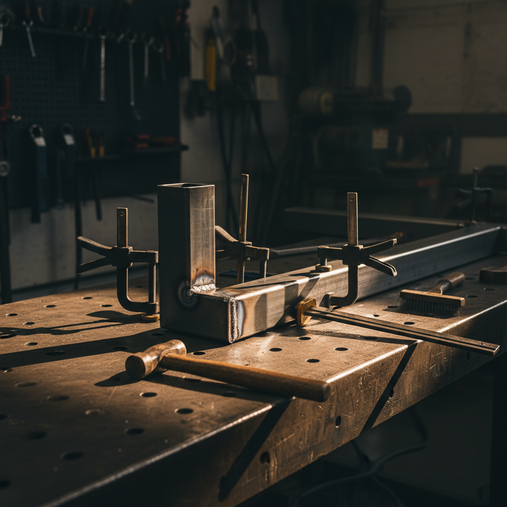 Partial steel fabrication in progress on a heavy welding workbench — Bessey clamps holding square tube, fresh weld beads